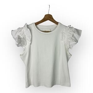 Anthropologie Womens size Large Ruffle Short Sleeve Ribbed Top White